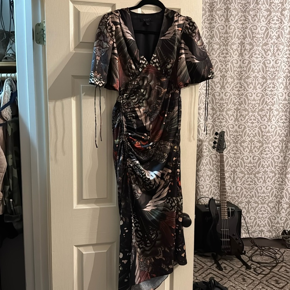 All Saints side zip low v puff sleeve adjustable slit dress